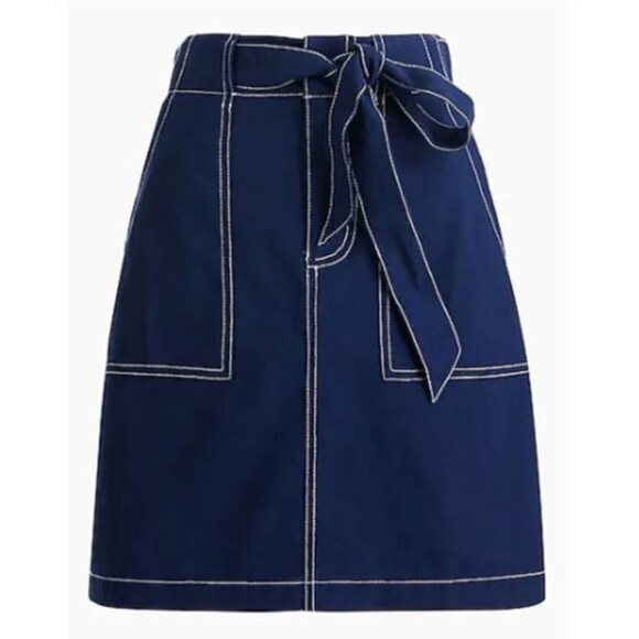 J. Crew Factory Navy Short Linen/Cotton A-Line Skirt w/ Pockets + Belt - Size 0 - Picture 1 of 10